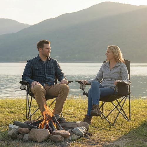 ALPHA CAMP 2-Pack Camping Chair with Cooler Bag, Heavy Duty 250lbs Capacity Folding Chair with Lumbar Support & Side Pocket, Portable Quad Chairs for Beach Fishing Tailgating & Sideline Sport - color: Black&grey