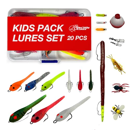 DeLong Lures 20-Piece Fishing Lures Kids Pack - Easy to Use Pre Rigged Lure Kit for Bluegill, Bass, Crappie - Soft Plastic Baits - Perfect Tackle Box Kit for Young Anglers and Kids - Made in USA