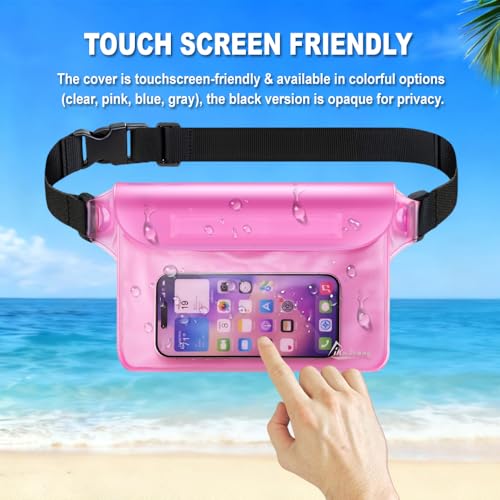 Waterproof Fanny Pack, Dry Bag Phone Pouch for Beach Swimming Kayaking | Floating dry bag keeps wallet & purse safe. Triple zip-lock seals water. Touchscreen works wet. Cruise, fishing & travel - color: Black+Pink