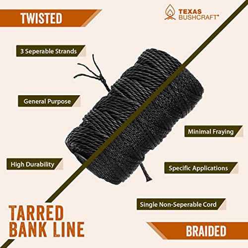Texas Bushcraft Tarred Bank Line Twine - #36 Black Nylon String for Fishing, Camping and Outdoor Survival – Strong, Weather Resistant Bankline Cordage for Trotline - style: Twisted