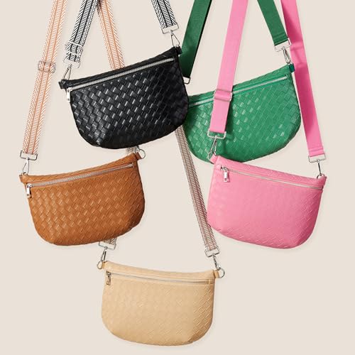 KALIDI Woven Crossbody Bags for Women Travel Vegan Leather Fanny Packs for Woman Cross Body Purse Fashion Belt Bum Bag with Wide Strap - color: Forest Green