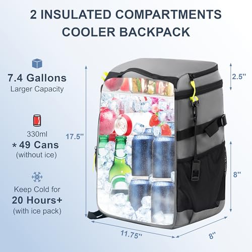 SPARTER Backpack Cooler Insulated Leak Proof 33/49 Cans, 2 Insulated Compartments Thermal Bag, Portable Lightweight Beach Travel Camping Lunch Backpack for Men and Women - color: Gray, size: 49 Can