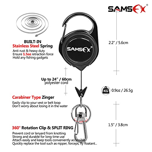 SAMSFX Fly Fishing Zinger Retractor for Anglers Vest Pack Tool Gear Assortment Combo 3pcs in Pack - color: Carabiner Retractors, 24" Nylon Cord, Rotating Clip