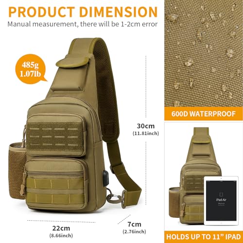 HUNTVP Tactical Sling Bag Crossbody Bag for Men Women EDC Shoulder Bags Molle Sling Backpack Chest Pack for Hiking Hunting Travelling Camping (Type3-Brown) - color: Type3-brown