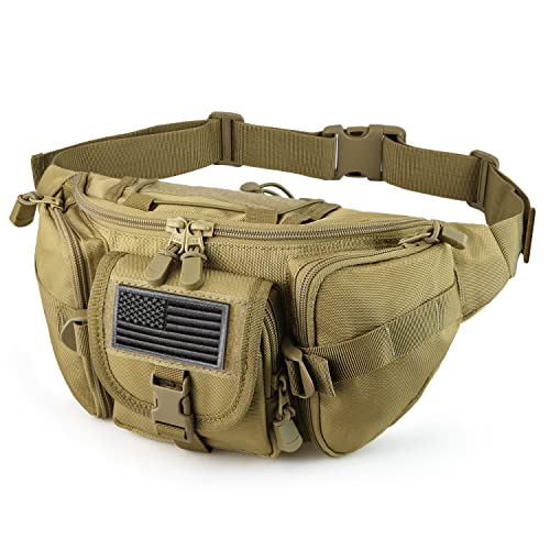 SOWHUP Tactical Fanny Pack,Military Waist Bag Pack with U.S Patch Utility Hip Belt Bumbag for Outdoor Fishing Hiking (Tan(5 Zipper Pockets)) - color: Tan(5 Zipper Pockets)