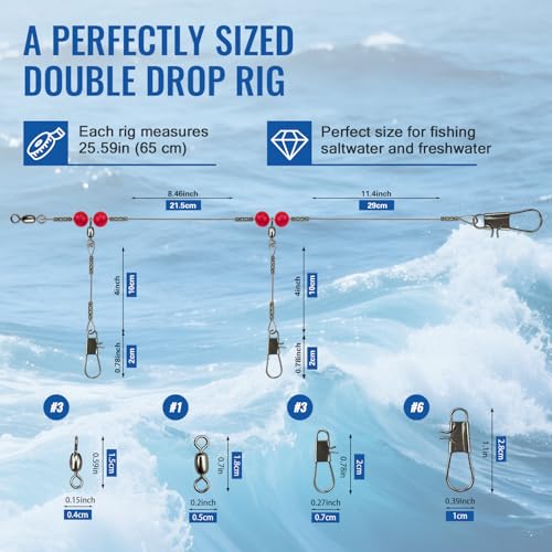 Narcissus Double Drop Saltwater Fishing Rig – Mono 2 Hook Bottom Rigs with Swivels & Snaps, Pre-Tied Surf Pier Boat Leader Line for Snapper, Bass, Mackerel, Catfish - color: Double Drop Rig-12Pack- White