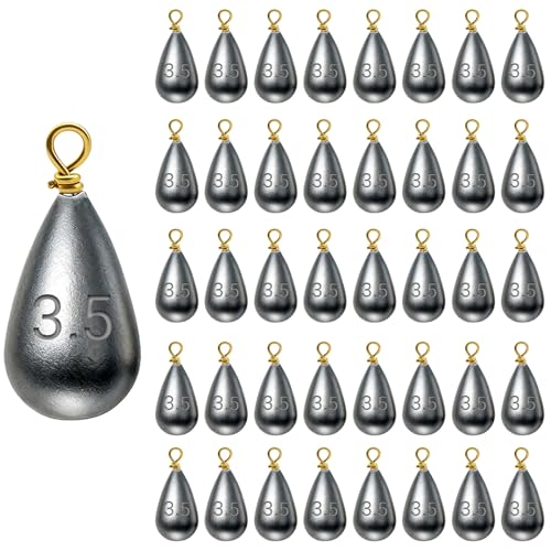 Casting Sinker Weights Assortment, Teardrop Fishing Sinkers with Brass Swivel Loops, 1/8 oz to 3/4 oz, Drop Shot Weights for Bass Catfish, Freshwater Saltwater - color: 40pcs-1/8oz