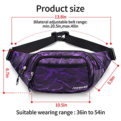 Large Fanny Packs for Women, 5-Zipper Pockets Water Resistant Practical Waist Bag, for Outdoor Running Cycling Sports Travel Hiking Camping Fishing Fashionable Crossbody Belt Bags - color: Violet