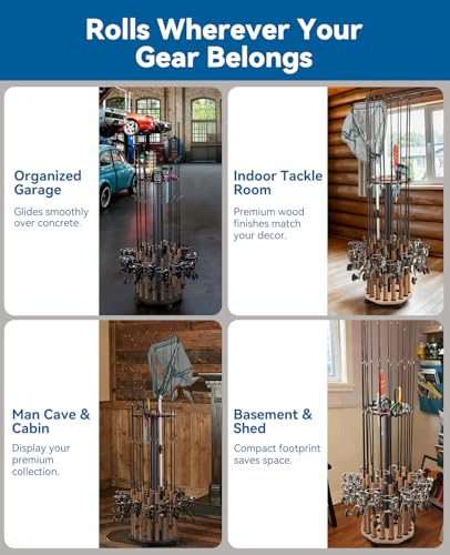 KEXMO Mobile Fishing Rod Holder Pole Rack for Garage, 360 Degree Lockable Wheels, Rigging Station, Heavy-Duty Steel Space-Saving Floor Stand, Holds 16 Combos, Fishing Gear Storage, Natural Wood Grain - color: Natural Wood Grain
