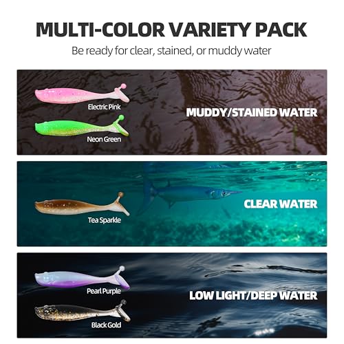30pcs Soft Plastic Swimbaits with Paddle Tail, T-Tail Fishing Lures for Vertical Jigging and Casting, Freshwater Swimbaits for Bass, Trout, Walleye & Crappie - color: Classic, 2.2''