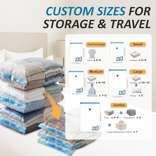 Cozy Essential Vacuum Storage Bags, 80% Compression Vacuum Seal Space Saver Plastic Packaging Bags for Clothes, Blankets, Pillow, Bedding, Comforters, Sealer Clothing Storage,20 Combo - size: Combo