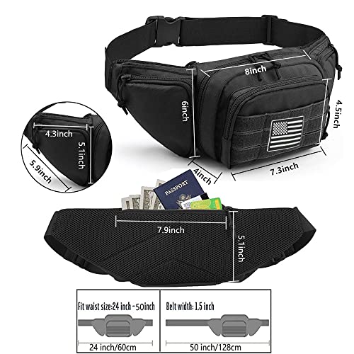 Tactical Fanny Pack Gun Holster Concealed Carry Pistol Military Tactical Waist Bag Waterproof Molle EDC Pouch with USA Flag Patch - color: Black
