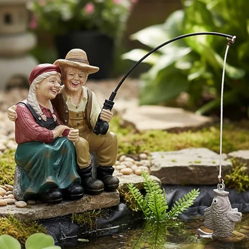 Romantic Older Couple Fishing Statue Outdoor Garden Koi Pond Decoration, Couple in Love Fisher Statues Figurine for Patio, Lawn & Yard Decor, Resin Garden Decoration, Elder Lover Fishing Sculpture - color: Fishing Couple