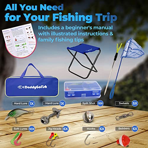 DaddyGoFish Kids Fishing Pole - Rod Reel Combo Tackle Box Starter Set - First Year Small Dock Gear Kit for Boys Girls Toddler Youth Age Beginner Little Children Junior Anglers - color: 2 Pack- Blue + Blue (Complete Set), size: 4ft