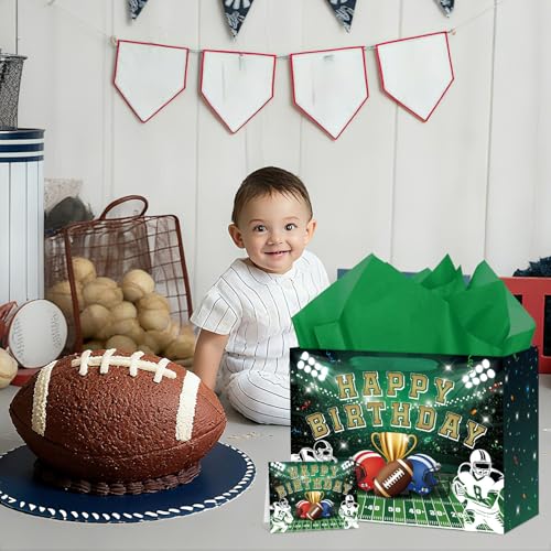 Hooqict Large Football Gift Bag with Handles, Tissue Paper and Greeting Card Football Birthday Party Gift Wrapping Bag for Boys Men Sport Themed Goodie Treat Party Favors - color: Rugby