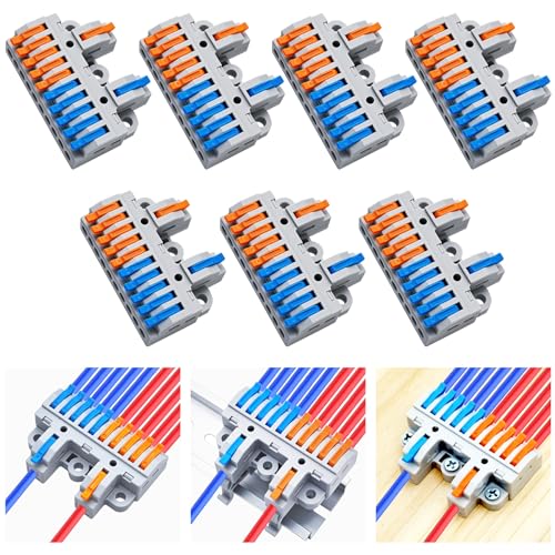 CESFONJER 2-in-10-out Terminal Block Kit (7 Pack), Lever Wire Connectors for Extensive Splicing, Dual Input to Ten Output, DIN Rail & Screw Mount, 28-12AWG, Hardware Included - color: set5