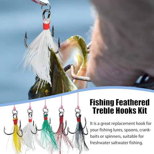 100pcs Fishing Treble Hook Kit, Round Bend Treble Hooks with Split Rings for Making Fishing Lure Spinner Spoon Crankbait - color: Multicolor Feather-100pcs