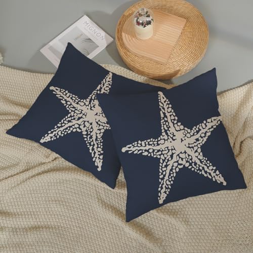 Navy Blue Coastal Pillow Covers 16x16 Inch 2 Pcs Summer Sea Starfish Decor Throw Pillows Nautical Beach Ocean Themed Outdoor Holiday Decoration Pillowcase Linen Cushion Cover for Couch Sofa - color: Starfish Navy Blue, size: 16" x 16" (Pack of 2)
