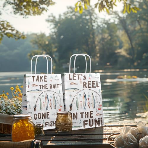 SamPartyShop 24 Pack Fishing Party Favor Bags for Kids – Gone Fishing Goodie Bags with Handles, Fishing Birthday Decorations, Fishing Party Supplies for Boys