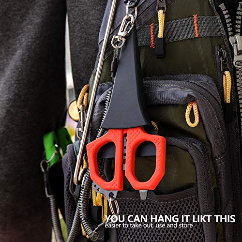SAMSFX 6.5" Pro Fishing Shears Dual Serrated Blades, Fishing Braided Line Scissors with Titanium Coating, Non-Slip Grip & Multifunction Tool, Includes Hard Molded Locking Sheath & Coiled Lanyard - color: A: Orange Kraton Handle, Hard Sheath