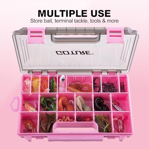 Goture Fishing Tackle Box Organizer - Transparent Fishing Organizer Box w/Measurement Ruler, Adjustable Dividers, Dual Latches | 4 Pcs 3600 Tackle Tray| Ergonomic Grip - color: C - Pink/Handle, size: 4pcs 3700