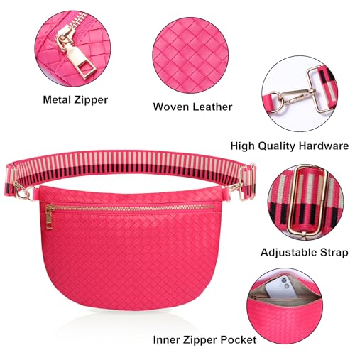Woven Crossbody Bags for Women Leather Belt Bum Sling Purse Fanny Waist Pack Chest Shoulder Bag for Women-Pink - color: Hot pink