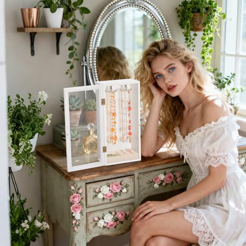 SINGLBA Necklace Holder Organizer, Wooden Jewelry Box for Women Girls, Rotatable Jewelry Organizer Case with Ring Tray Display & Storage for Necklaces Bracelets Rings Earrings, Gifts for Women Her - color: White
