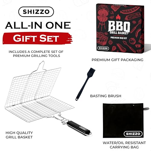 SHIZZO Shallow Grill Basket Set, Grilling Accessories Barbecue BBQ, Stainless Steel Folding Portable Outdoor Camping Rack for Fish, Shrimp, Vegetables, Cooking Accessories, Gift for Family, Freinds