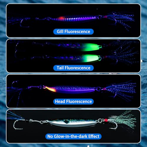 Goture Fishing Jigs, 30g 40g 50g 60g Vertical Jig Saltwater Freshwater, Jig Lures with Assist Hook and Treble Hook, 5PCS Jigging Spoon Lures with Tackle Box, Fishing Jigs for Tuna, Salmon, Bass - color: A2 with Tackle Box, size: 50g
