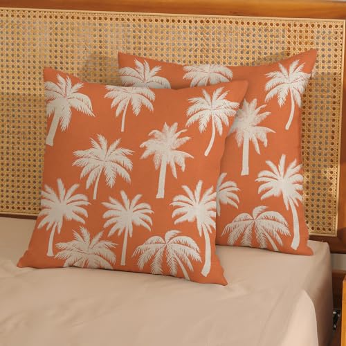 Burnt Orange Palm Tree Pillow Covers 18x18 Inch Set of 2 Vintage Tropical Decorative Pillow Cases Summer Outdoor Cushion Cover Farmhouse Linen Decoration Throw Pillows for Couch Living Room - color: Burnt Orange Palm Tree, size: 18" x 18" (Pack of 2)