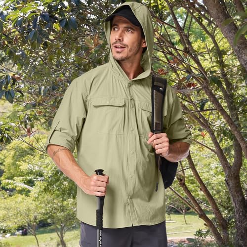 Mens Sun Protection Hiking Fishing Safari Shirts with Hood Long Sleeve Outdoor Quick Dry Shirts Hoodie - color: 5105 Khaki, size: Large