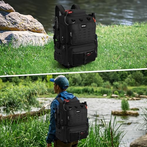 Goture Fishing Backpack, IPX EVA Bottom 55L Large Fishing Tackle Bag with Rod Holder, Rain Cover for Camping Hiking, 600D Fishing Bag Storage with 8 Lure Pockets, Fishing Gear and Equipment Black
