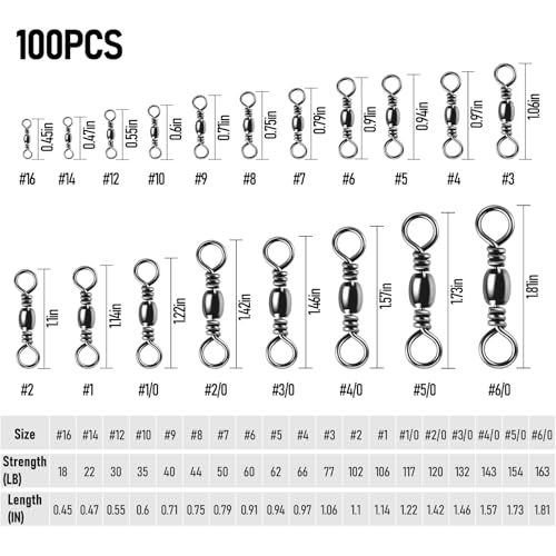 Alwonder 100-Pack Fishing Barrel Swivels, High Strength Stainless Solid Ring Brass Barrel Swivel with Black Nickel Coating, Rolling Fishing Swivels Tackle Line Connector Saltwater Freshwater - size: #6/0-163LB