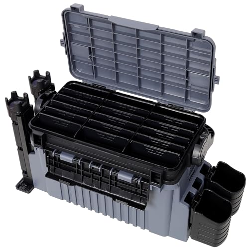 Dual-layer Fishing Tackle Box, Tackle Box Organizer Fishing Box Large, Plastic Portable Tackle Storage Box with 2pcs Rod Holder, 2pcs Cup Holder, 1pc Carring Strap - color: Gray