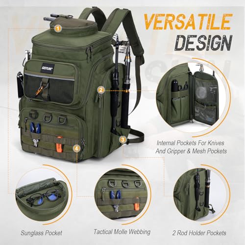 Goture Fishing Backpack, 900D Water-Resistant Tackle Bag with Rod Holders, Insulated Cooler Compartment, 55L Large Capacity Fishing Gear Storage for Saltwater&Freshwater Camping Hiking,Gifts for Men - color: A2:green(without Tackle Boxes)