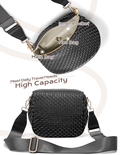 Trendy Woven Checkered Crossbody Bum Bag for Women，PU Leather Checkered Purse Fanny Packs Belt Bag (Woven Bum Bag - Pure Black) - color: Woven Bum Bag - Pure Black