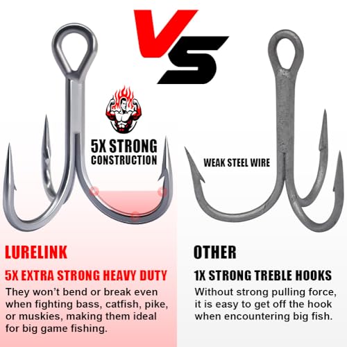 Fishing-Treble-Hooks-5X-Extra-Strong-Heavy-Duty Ultra Anti-Rust Bulk Hooks for Saltwater and Freshwater Fishing Sizes 5/0 to #8 - size: Size:1 12-Pack