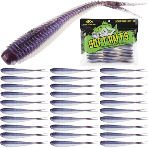 LUCKYFISHING Soft Plastic Baits 20PCS/30PCS/40PCS Forked Tail Fishing Soft Bait for Bass Walleye Trout Crappie Lures 3in/3.5in/4in - color: Purple Pearl, size: 3.5in-30pcs