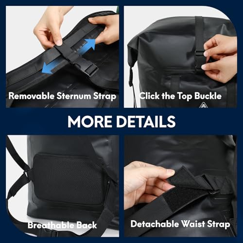 Haimont Large Waterproof Dry Backpack IPX7 Roll-top Dry Marine Dry Bag for Men Kayaking Rafting, 100L, Black - color: Black, size: 100L