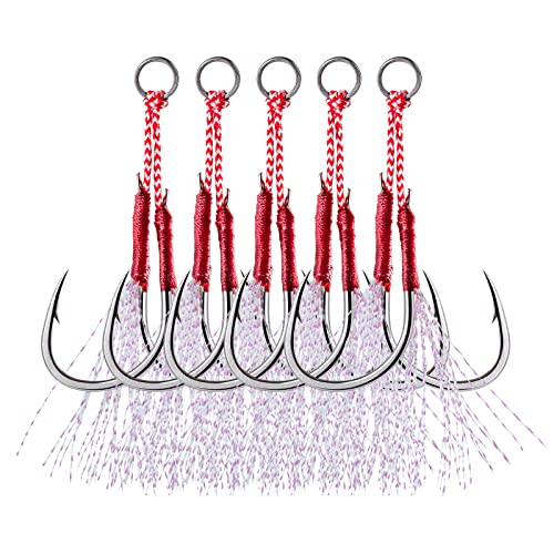 Goture Double Fishing Assist Hooks Kit Jig Assist Glow Hook Slow Fast Fall Jigs Fishing Hook for Lead Vertical Jigging Lures Pack of 5 - color: Red, size: #2/0 0.60oz(20pcs)