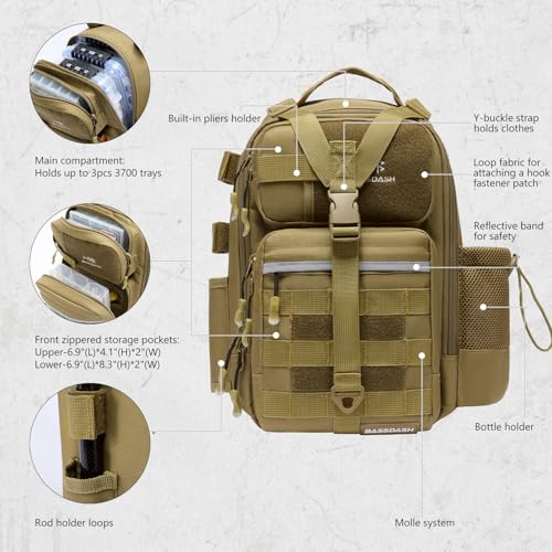 BASSDASH Convertible Fishing Backpack Sling Bag with Rod Holder, Adjustable Tactical Water-Resistant Tackle Storage Pack FP07 - color: Brown Khaki, size: Standard
