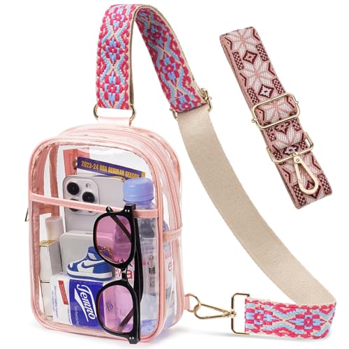 3 Pockets Clear Bag for Stadium Events with 2 Long Straps Sling Backpack Fanny Pack Concert Crossbody Purses for Women - color: 1# Pink-a, style: Style 1