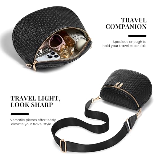 Woven Vegan leather Crossbody Bags For Women, Checkered Fashion PU Bum Bag Waist Pack, Travel Sling Purse with Adjustable Strap（Dark Black) - color: Dark Black
