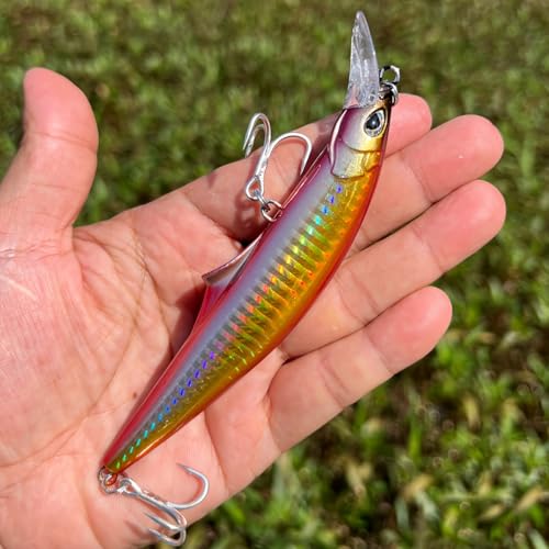 3pcs Sinking Bass Fishing Lures Saltwater Long Casting Laser Minnow Fishing Baits Hard Lure Fishing Kits Accessories (AH - color: AH1445B-5.5'' 1.6oz