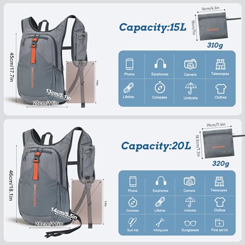 BECOJADDE 15L Small Hiking Backpack for Men Women Foldable Packable Back Pack Ultralight Hiking Daypack for Travel Camping Outdoor, Gray - color: Gray, size: 15L