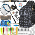 PLUSINNO Fishing Gear- Fishing Rod and Reel Combos, Fishing Backpack, Fishing Net, Fishing Bag with Rod Holders and Tackle Box for Freshwater/Saltwater, Fishing Gifts for Men - style: Black Backpack With Rod&net