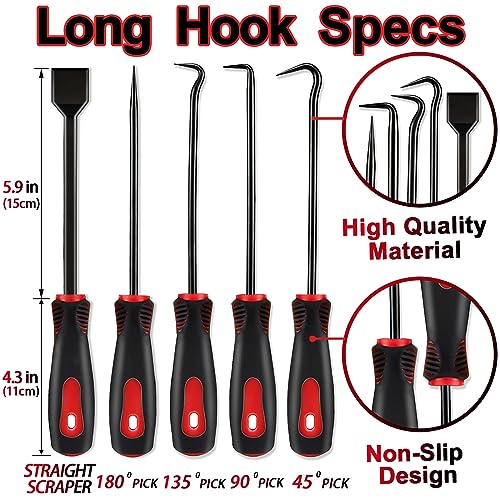 KEZE 15Pcs Carbon Steel Precision Pick & Hook and Trim Removal Tool Set with Scraper and Magnetic Telescoping Tool Kit for Remove Automotive Electronics Maintenance Hoses Gasket Hand Pick Up Tools - color: Red-15 Hook and Pick Set