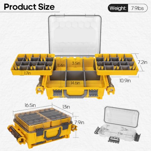 THKFISH Waterproof Double Side Tackle Box, Portable Storage Box with 2 Pack 3500 Stowaway Boxes & Rod Holders, Fishing Lure Organizer YellowPink/Green/Blue/Grey (L-Yellow) - color: L-Yellow