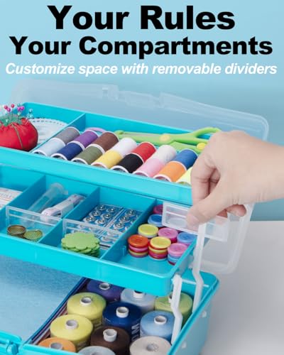 TERGOO 12in 3-Layer Plastic Craft Organizers and Storage, Portable Folding Tackle Box with Handle & Adjustable Dividers, Multipurpose Case for Sewing, Art Supplies, Medicine, Tools (Blue) - color: Blue