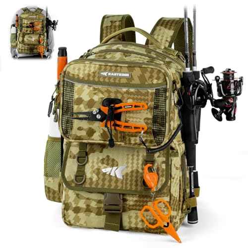 KastKing BaitSpace Fishing Tackle Backpack with Removable Bait Binder,2 Rod Holders Storage Fishing Gear and Equipment - color: H: Khaki Camo（without Tackle Box）